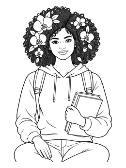 A smiling student with orchid flowers in her hair in this woman coloring page.