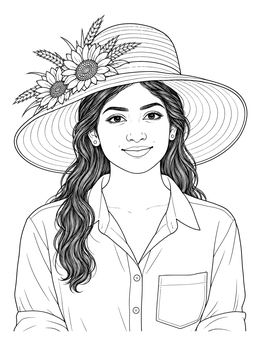 A realistic portrait coloring page of a smiling woman wearing a sun hat adorned with sunflowers.