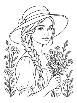 Free printable Young Woman With Sunhat And Wildflowers coloring page