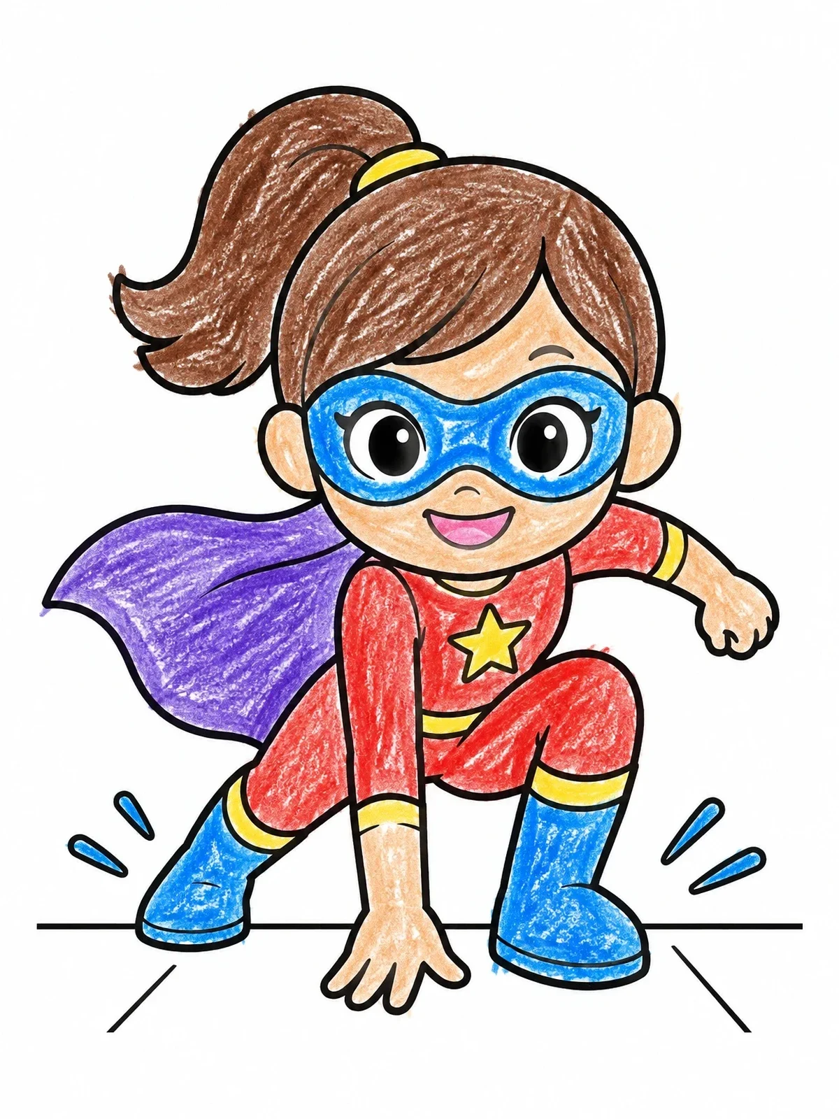 Colored example of the Cute Superhero Landing In Action Pose coloring page