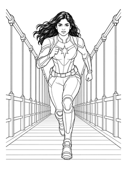 A woman coloring page showing a brave superheroine sprinting across a long suspension bridge.