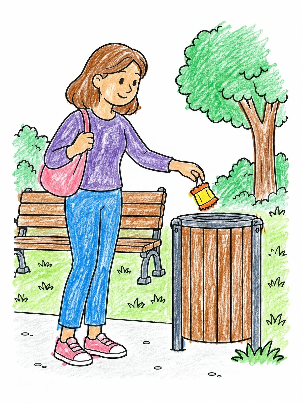Colored example of the Woman Throwing Trash Into Park Bin coloring page