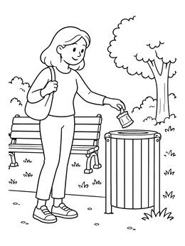 Free printable Woman Throwing Trash Into Park Bin coloring page