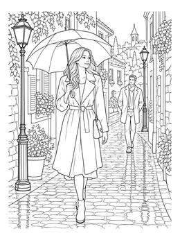 A woman with an umbrella on this rainy day coloring page walking along a cobblestone alley.