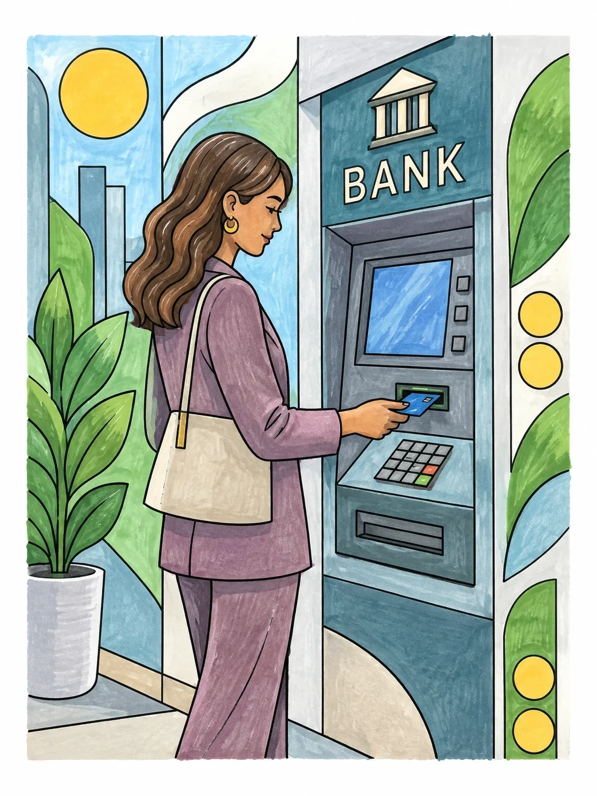 Colored example of the Woman Using Atm With Card coloring page