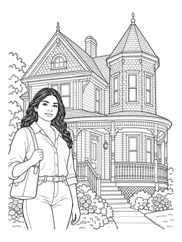 A woman stands before a detailed Victorian house coloring page with an ornate tower and porch.