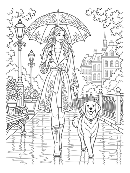 A woman strolling with her dog in this umbrella coloring page.