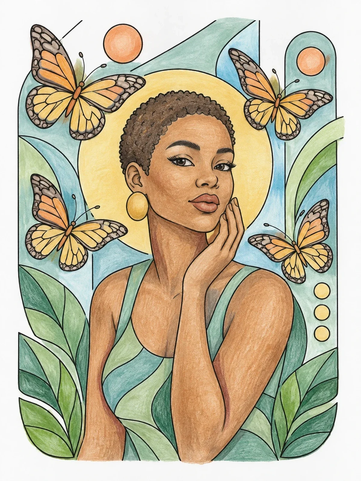 Colored example of the Woman With Butterflies And Short Hair coloring page
