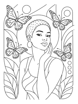 A serene woman coloring page featuring short cropped hair surrounded by detailed flying butterflies.