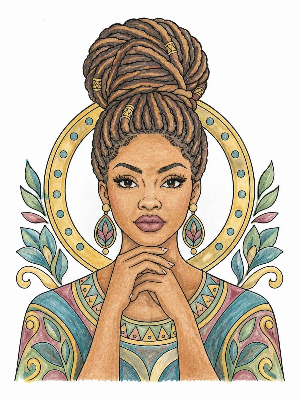 Colored example of the Woman With High Dreadlock Bun coloring page