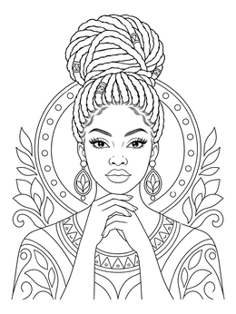 An intricate woman coloring page featuring styled dreadlocks in a top bun and ornate jewelry.