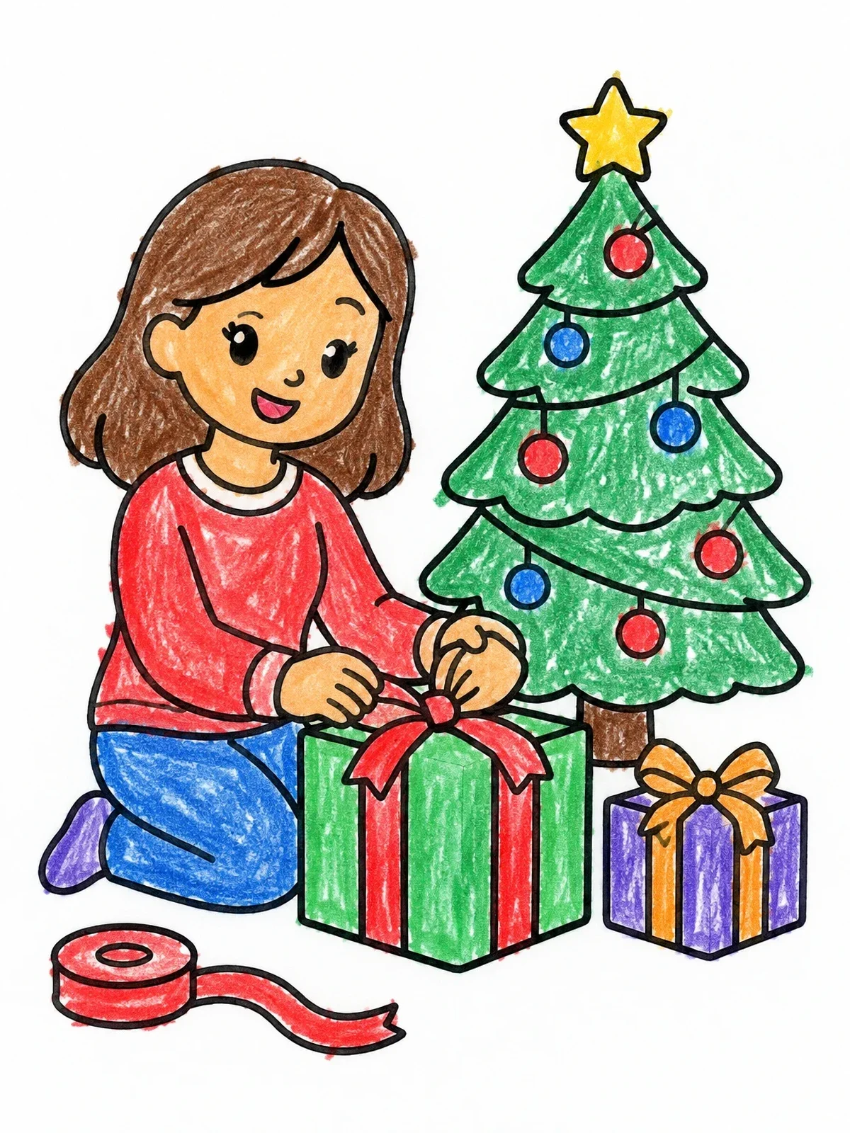Colored example of the Young Woman Wrapping Holiday Presents coloring page