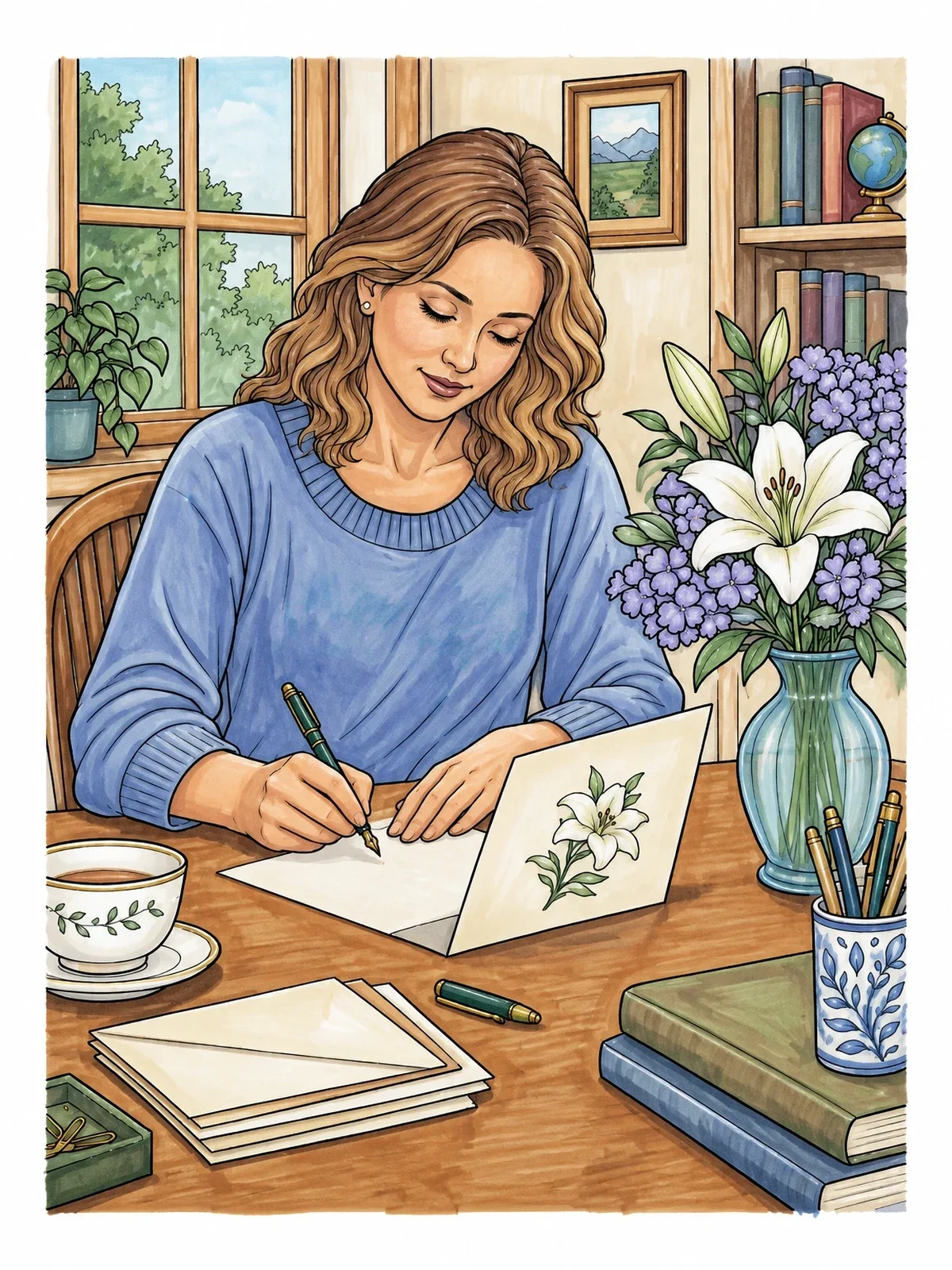 Colored example of the Woman Writing A Thoughtful Sympathy Note coloring page