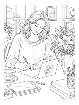 A woman writing a card by a floral vase in this sympathy coloring page.