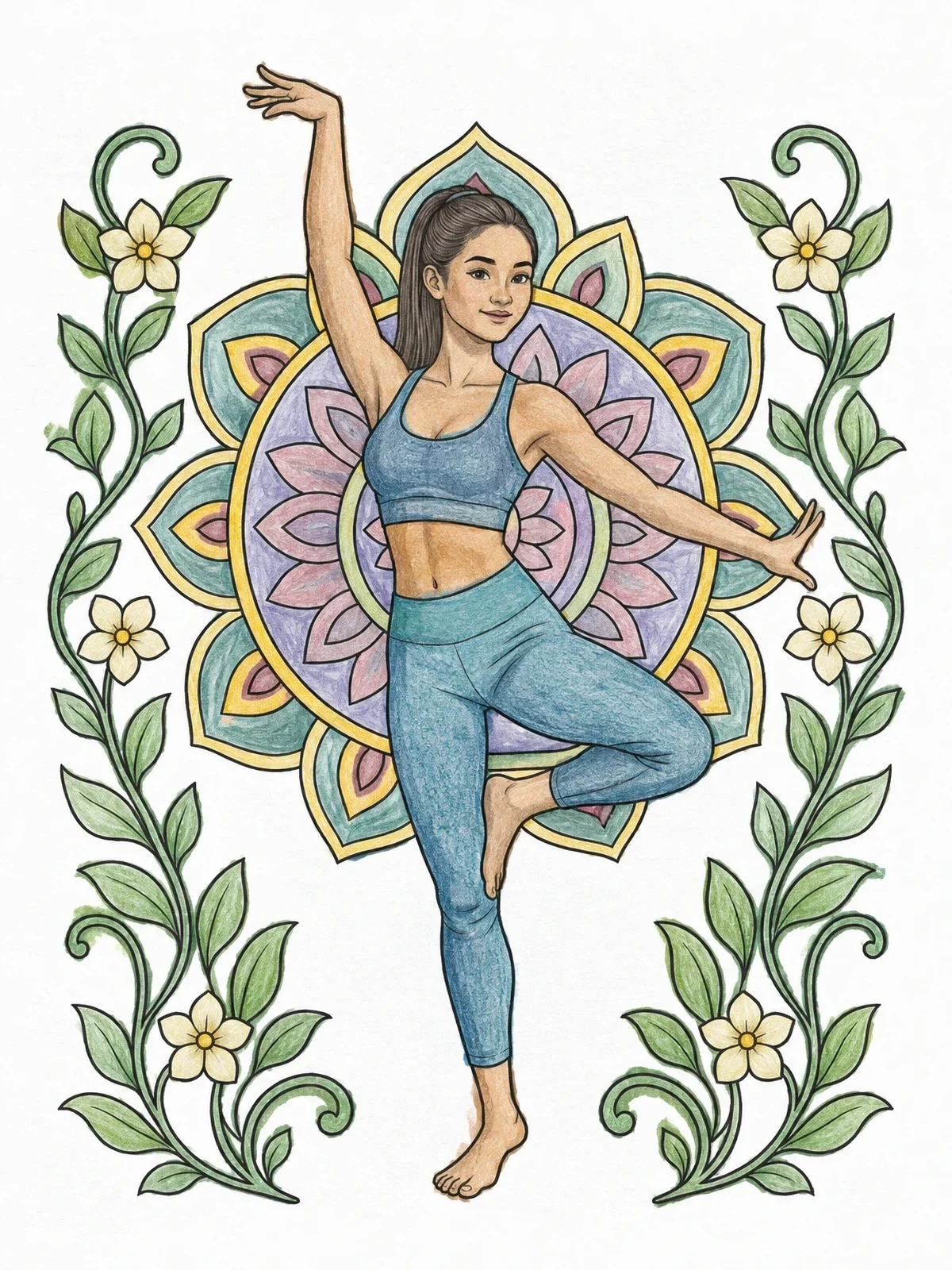 Colored example of the Woman In Yoga Tree Pose With Mandala coloring page