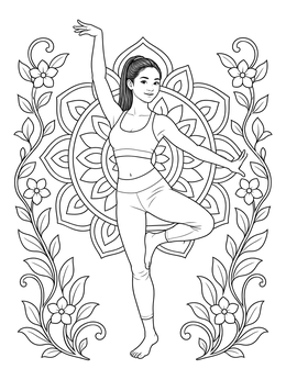 A woman balancing in tree pose on this yoga coloring page with a floral mandala background.