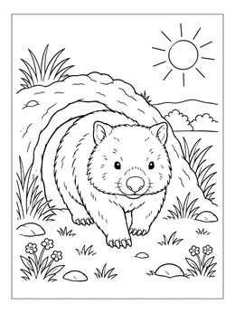 A wombat coloring page featuring a cute wombat crawling out of its burrow on a sunny day.