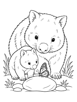 A mother and baby joey admire a butterfly in this wombat coloring page.