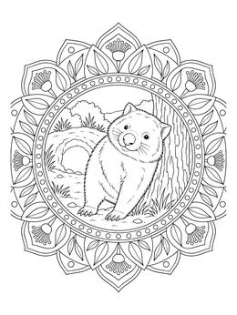 A detailed wombat coloring page framed inside a decorative floral mandala.