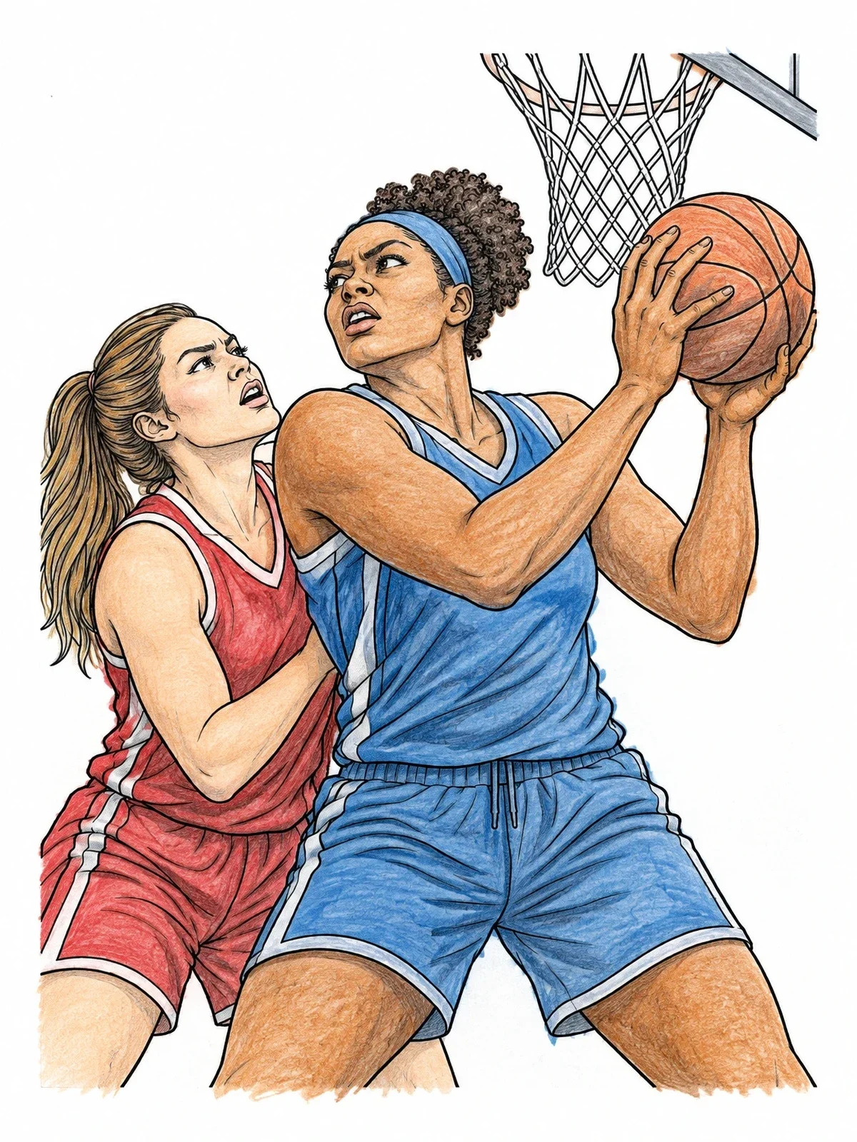 Colored example of the Women Basketball Players Under The Basket coloring page