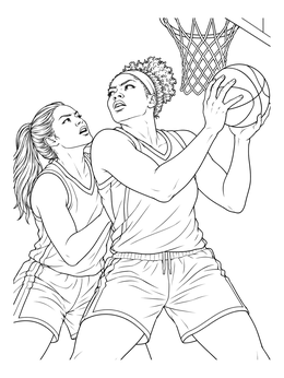 Two female athletes compete for a rebound on this basketball player coloring page.