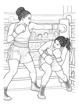 Two female athletes sparring in a boxing coloring page with an audience in the background.