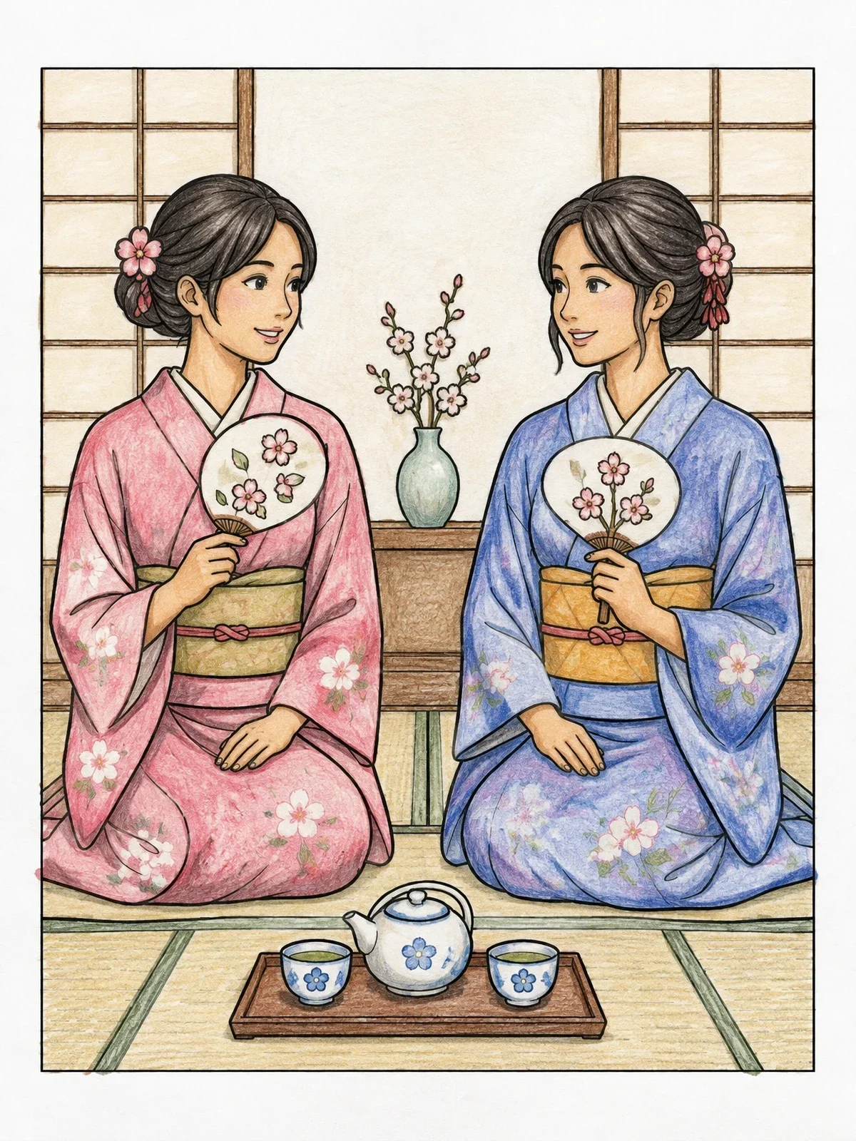 Colored example of the Women With Fans At Tea Ceremony coloring page
