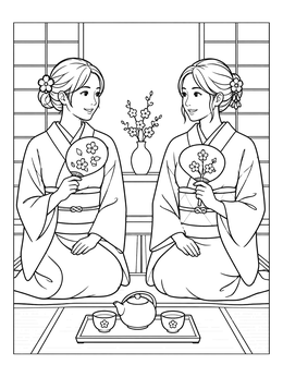 Free printable Women With Fans At Tea Ceremony coloring page