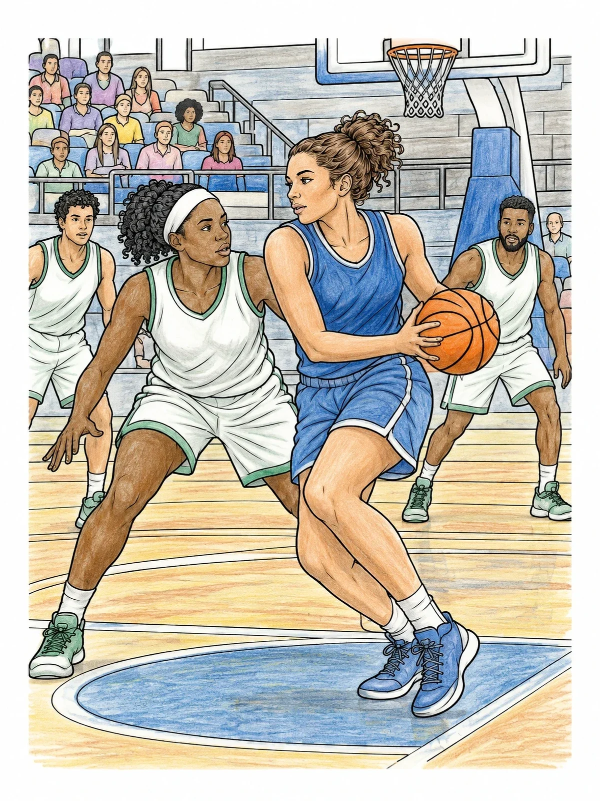 Colored example of the Women's Basketball Game Action coloring page