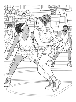 An exciting basketball player coloring page showing two female athletes competing on the court.