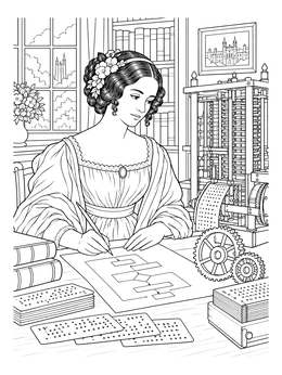 Ada Lovelace writing early algorithm diagrams beside mechanical gears in this womens history month coloring page.