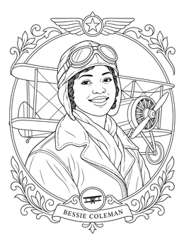 Portrait of Bessie Coleman in aviator gear featured on this womens history month coloring page.