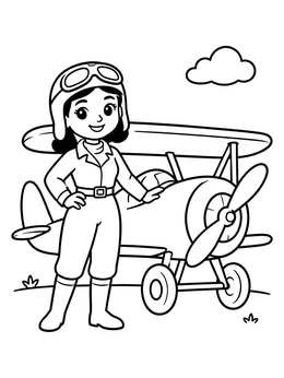 A smiling pilot in flight gear by an airplane on this womens history month coloring page.