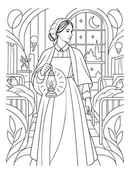 Florence Nightingale holds a lantern in a ward on this womens history month coloring page.
