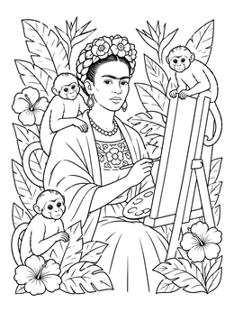 A womens history month coloring page portraying artist Frida Kahlo painting at an easel surrounded by monkeys.