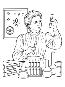 Scientist Marie Curie in a laboratory featured in this womens history month coloring page.