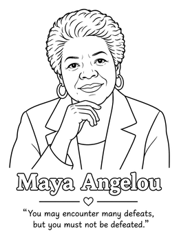 Portrait of Maya Angelou in a womens history month coloring page with an inspiring quote.