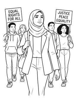 A womens history month coloring page showing a young woman in a hijab leading a peaceful protest march.