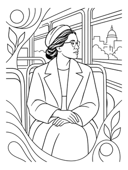 Rosa Parks seated calmly on a bus in this womens history month coloring page.