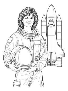 A womens history month coloring page depicting astronaut Sally Ride holding a helmet near a space shuttle.
