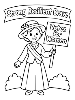 A smiling suffragist in this womens history month coloring page holding a Votes for Women sign.