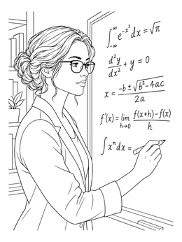A womens history month coloring page of a female mathematician writing math formulas on a board.