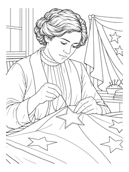 Historical womens suffrage coloring page showing Alice Paul stitching a star onto the ratification banner.