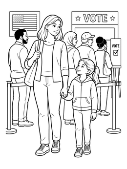 Free printable Mother And Daughter At Voting Line coloring page