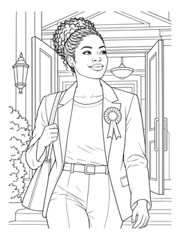 A woman wearing a rosette badge walks out of doors in this womens suffrage coloring page.
