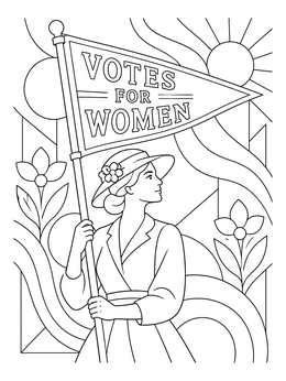 A suffragette holding a flag in this womens suffrage coloring page with decorative sun and flowers.