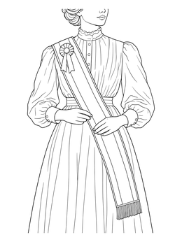A womens suffrage coloring page featuring a woman wearing an Edwardian dress and sash.