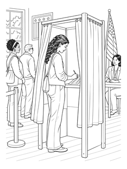 A woman marks her ballot inside a booth in this womens suffrage coloring page.