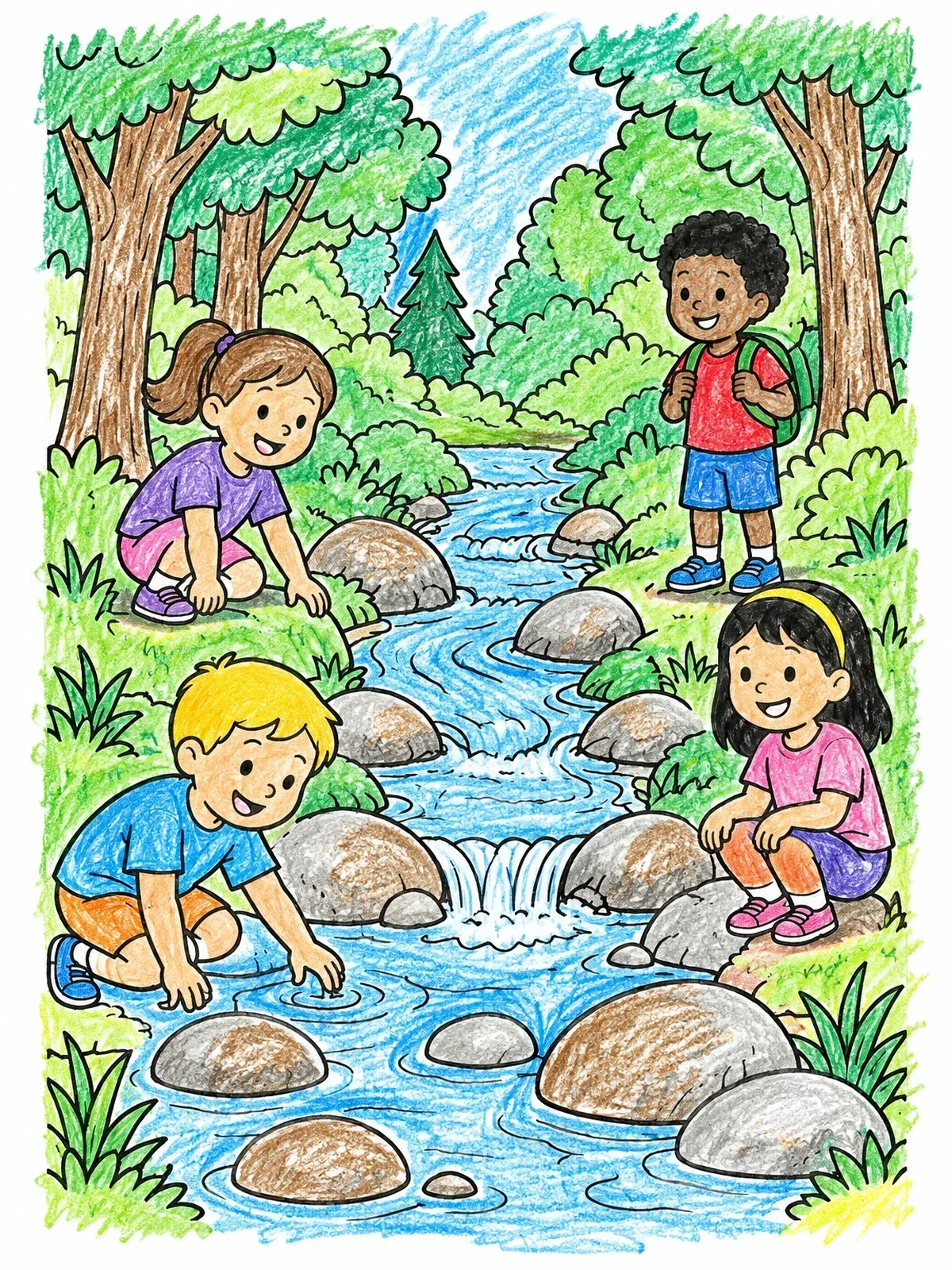 Colored example of the Children Exploring A Forest Stream coloring page