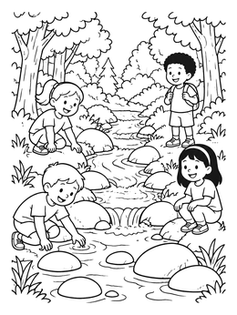 Free printable Children Exploring A Forest Stream coloring page
